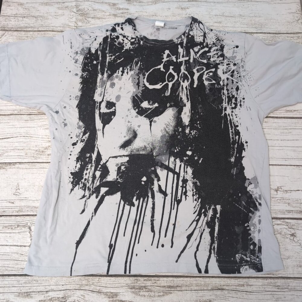 true vintage ALICE COOPER glam rock T-shirt all over print size 2XL black gray